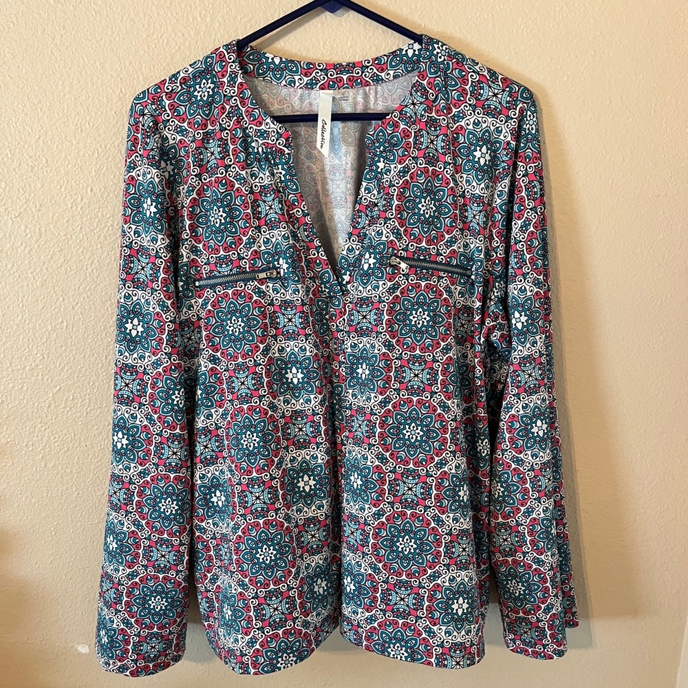 NY Collection Multicolored Sleek Zippered Faux Pockets Women's Blouse